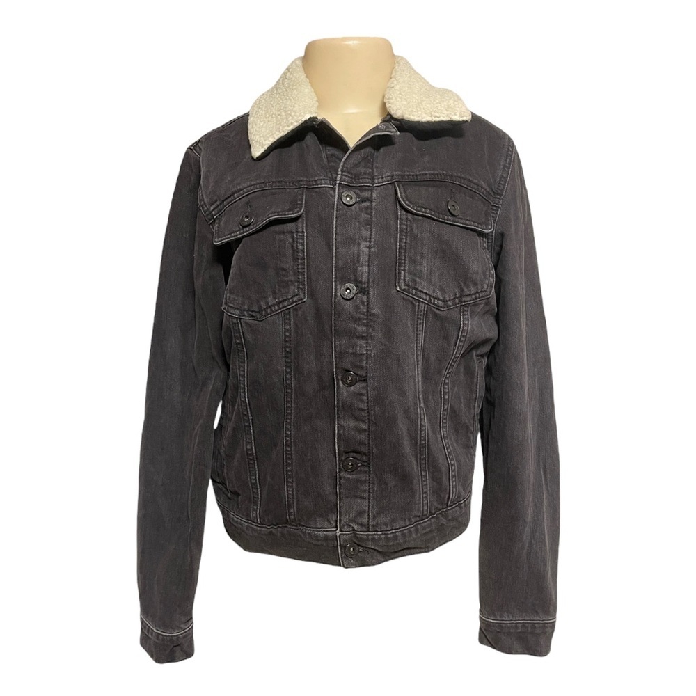 Topman Classic Sherpa Plaid Lined Gray Denim Trucker Jacket Washed Out Black